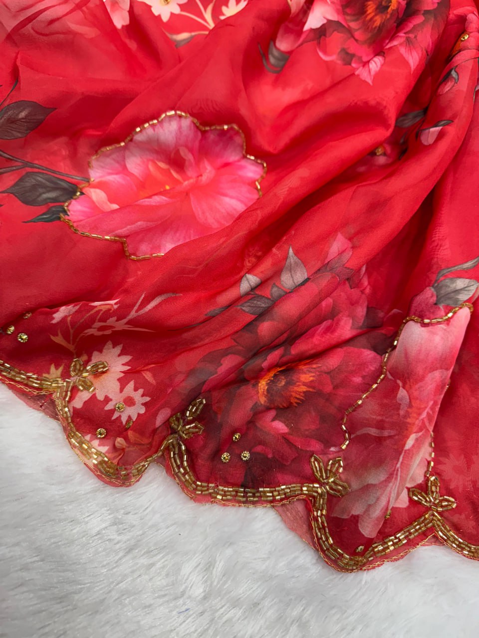 Red Soft Tebby Silk Saree with Katdana & Beads Handwork