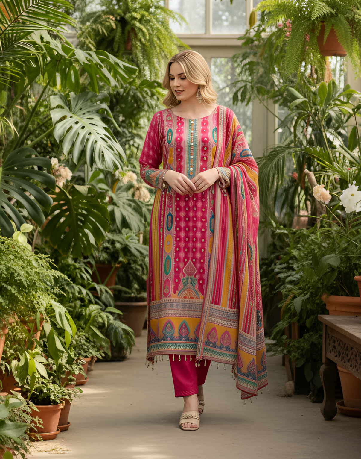 Elegant Chinon Kurti Set with Chiffon Dupatta