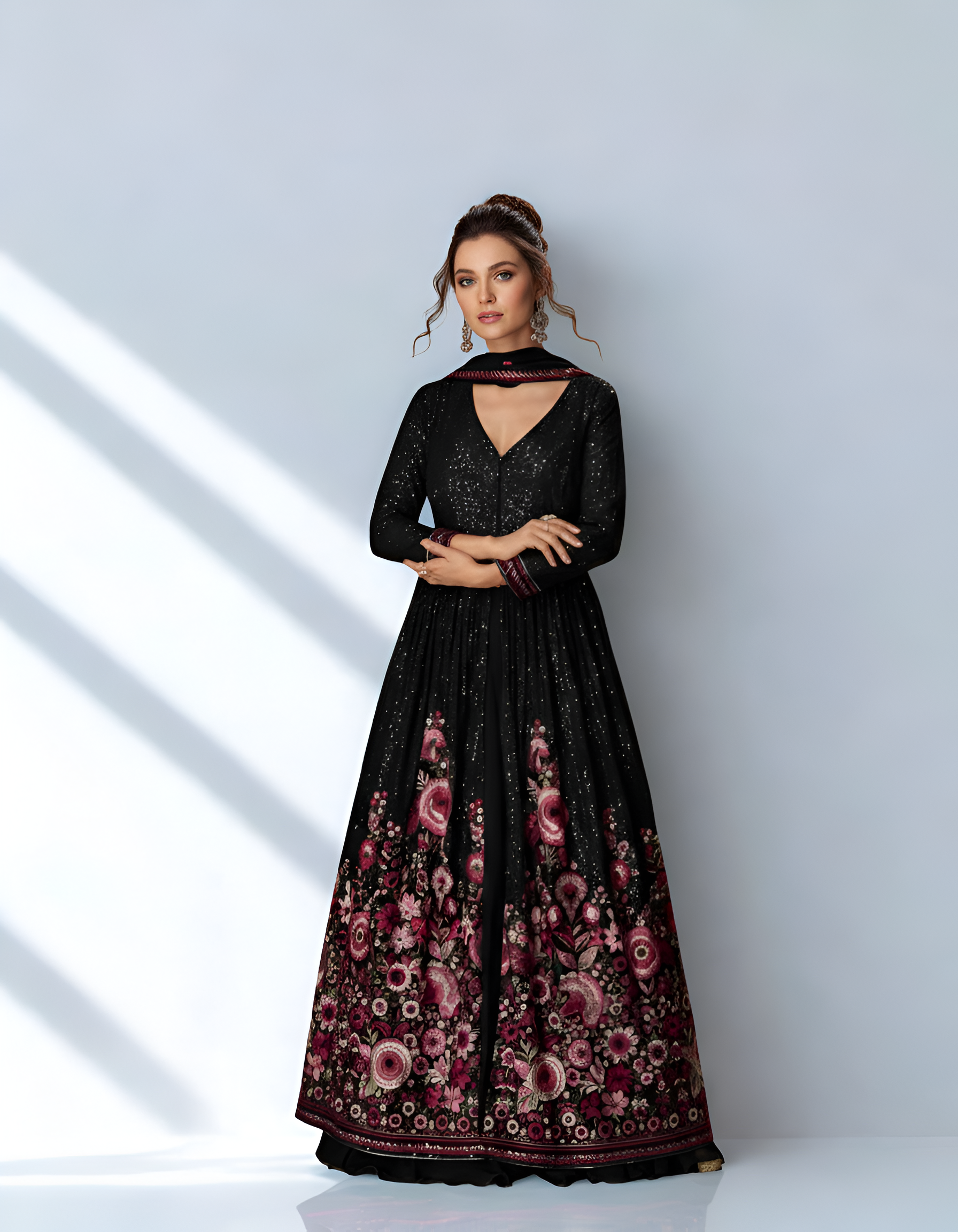 Premium Georgette Black Designer Gown with Heavy Floral Embroidery
